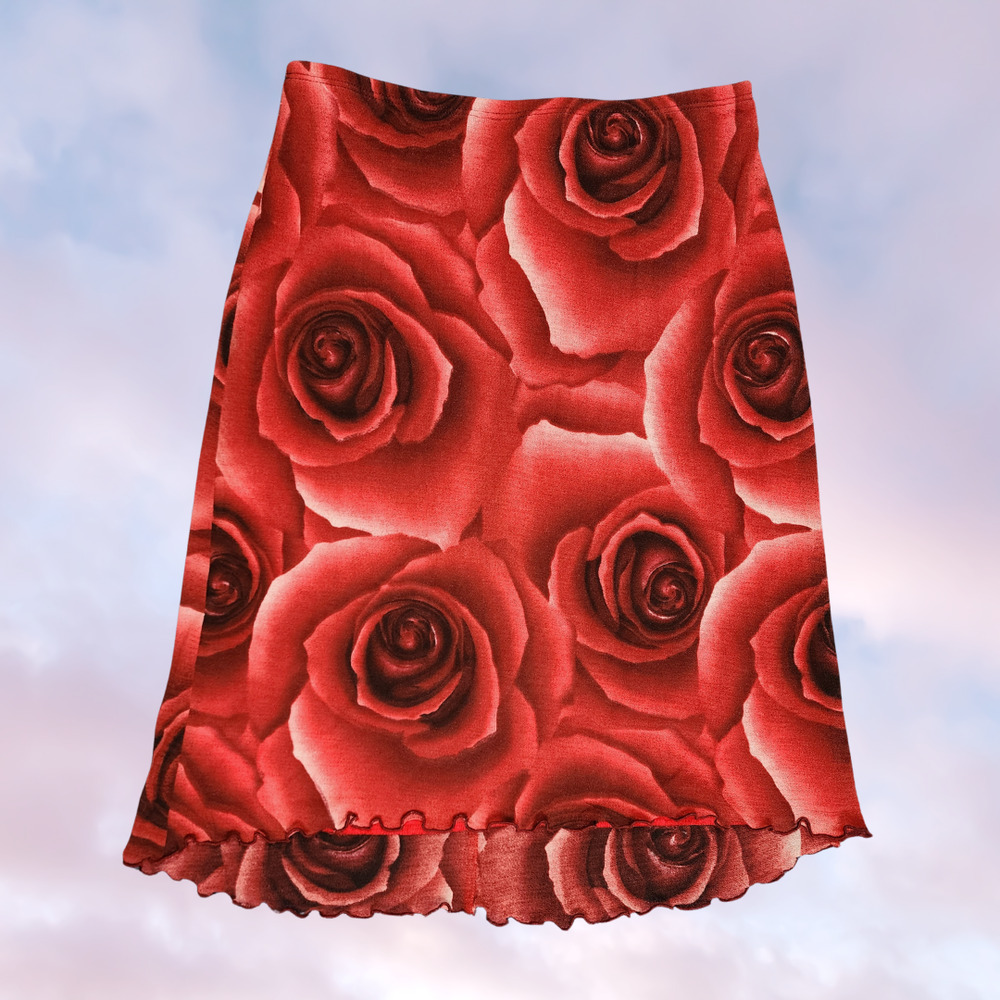 Vtg 90 Y2k Red Black Rose AOP Flower Floral Mod Retro Midi Preppy Hi Low Skirt M